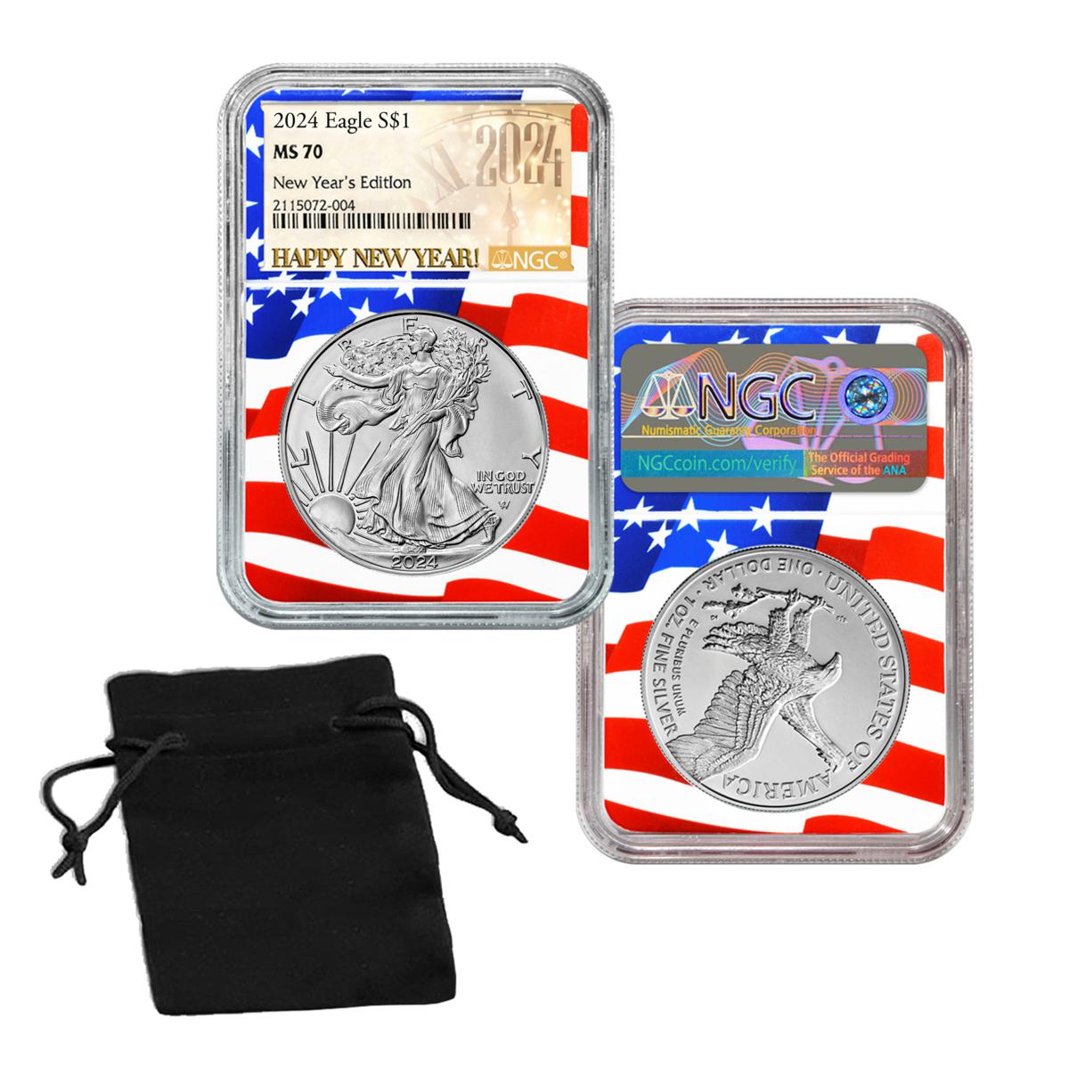 2024 MS70 NGC Silver Eagle Dollar New Year's Edition with Flag Core