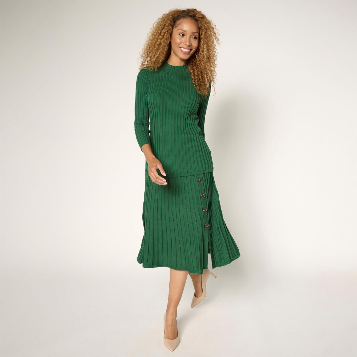 Nina Leonard 2-piece Ribbed Sweater Knit Top and Skirt Set | HSN