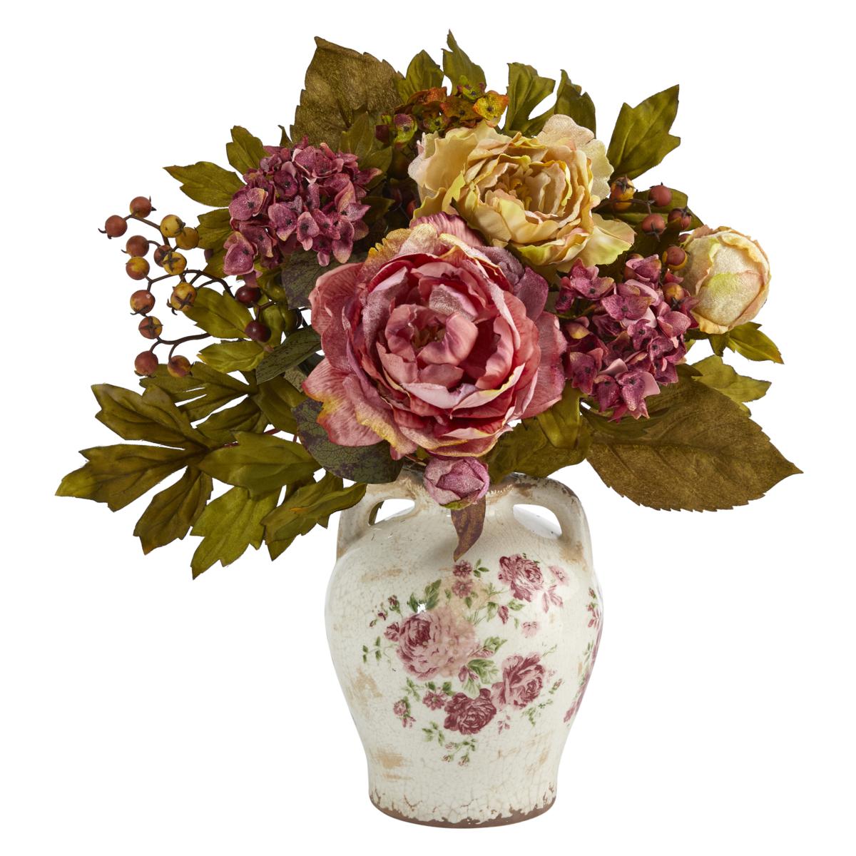 16 in. Peony Artificial Arrangement in Flower Print Jar 9772362 HSN