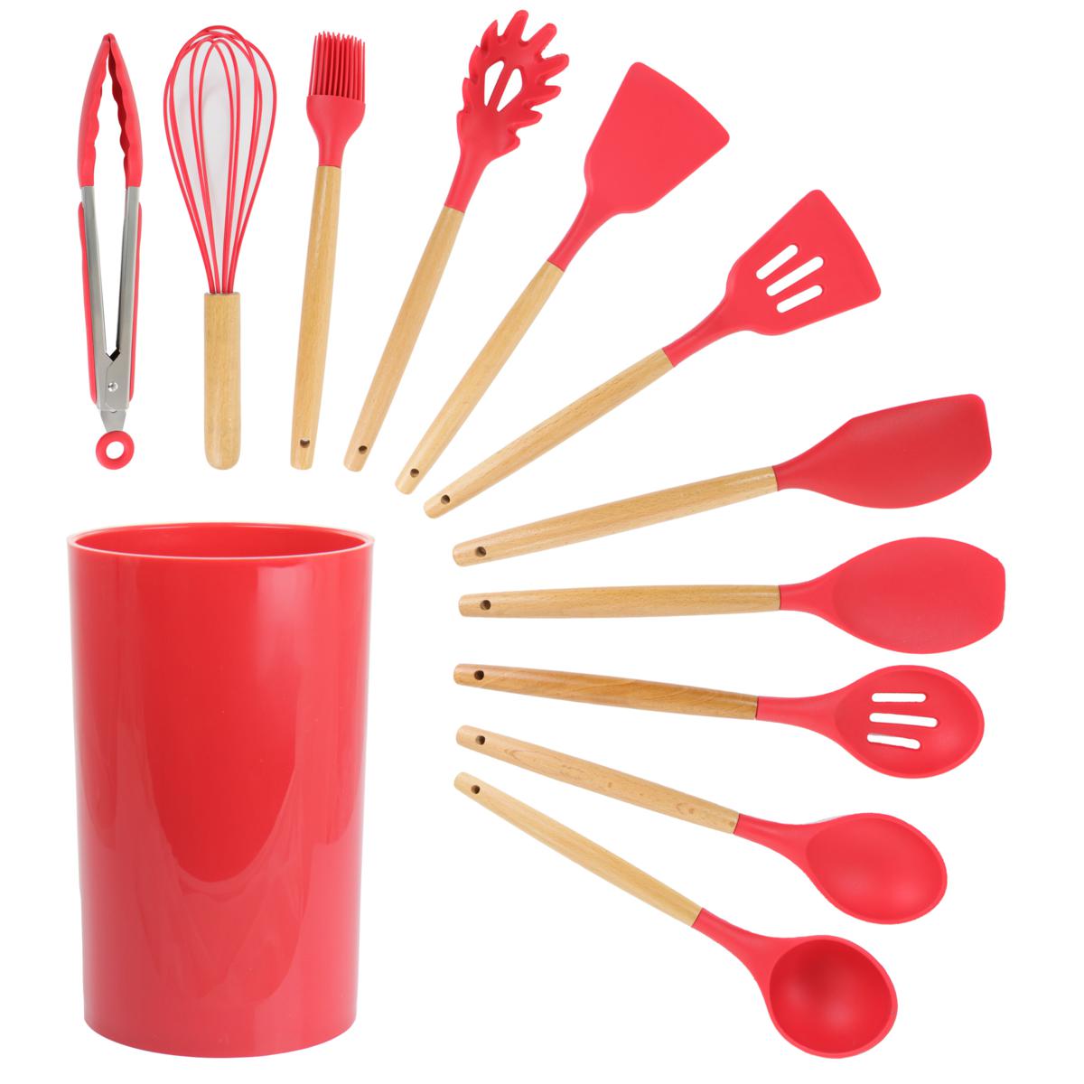 MegaChef Red Silicone and Wood Cooking Utensils, Set of 12 9884595 HSN