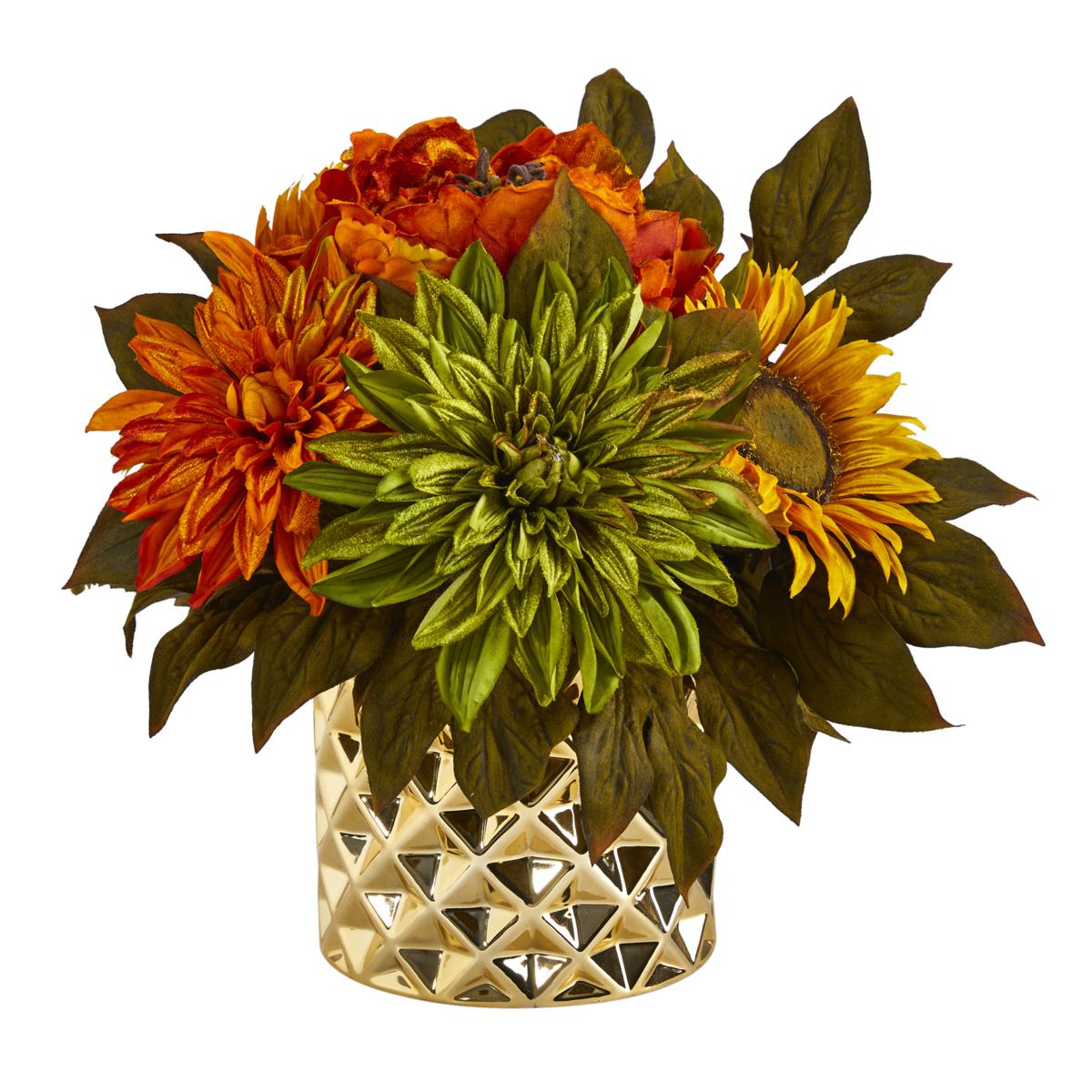 11 in. Peony, Dahlia and Sunflower Artificial Arrangement in Gold Vase ...