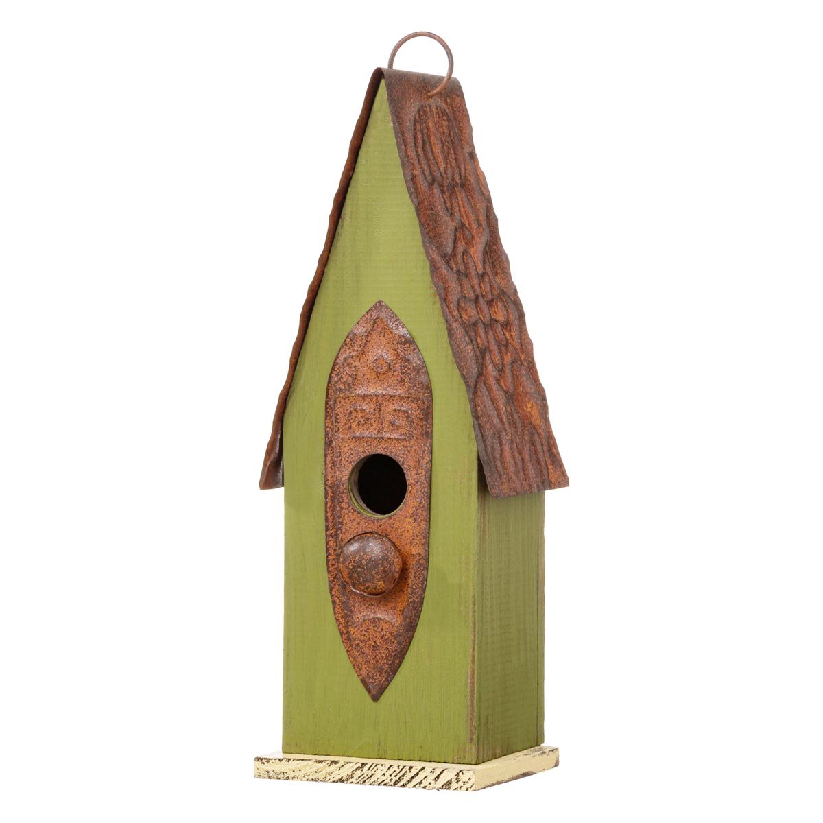 13.25"H Green Solid Wood Slim Cottage Outdoor Garden Birdhouse