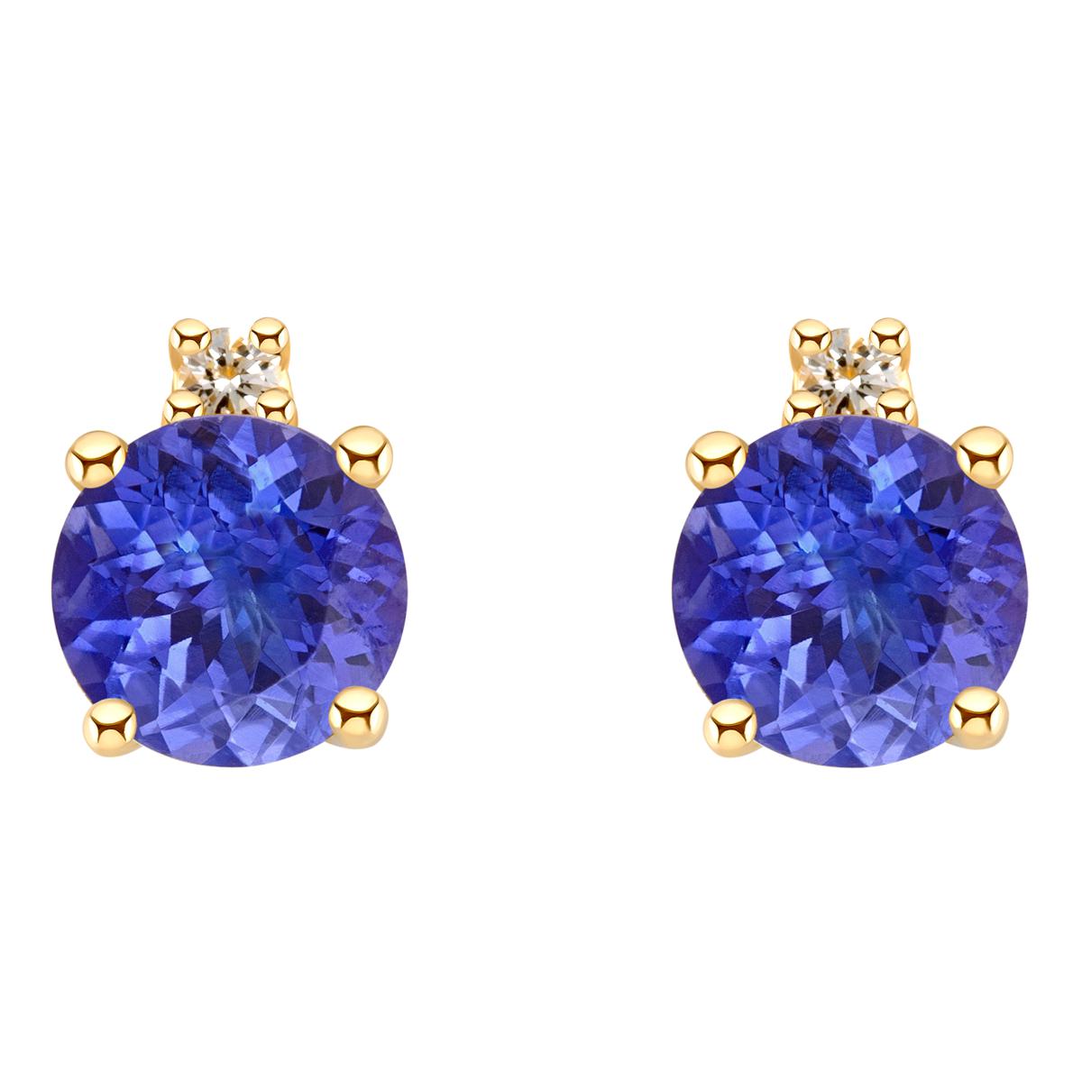 14K Gold 4mm Round Tanzanite and Diamond Accent Stud Earrings