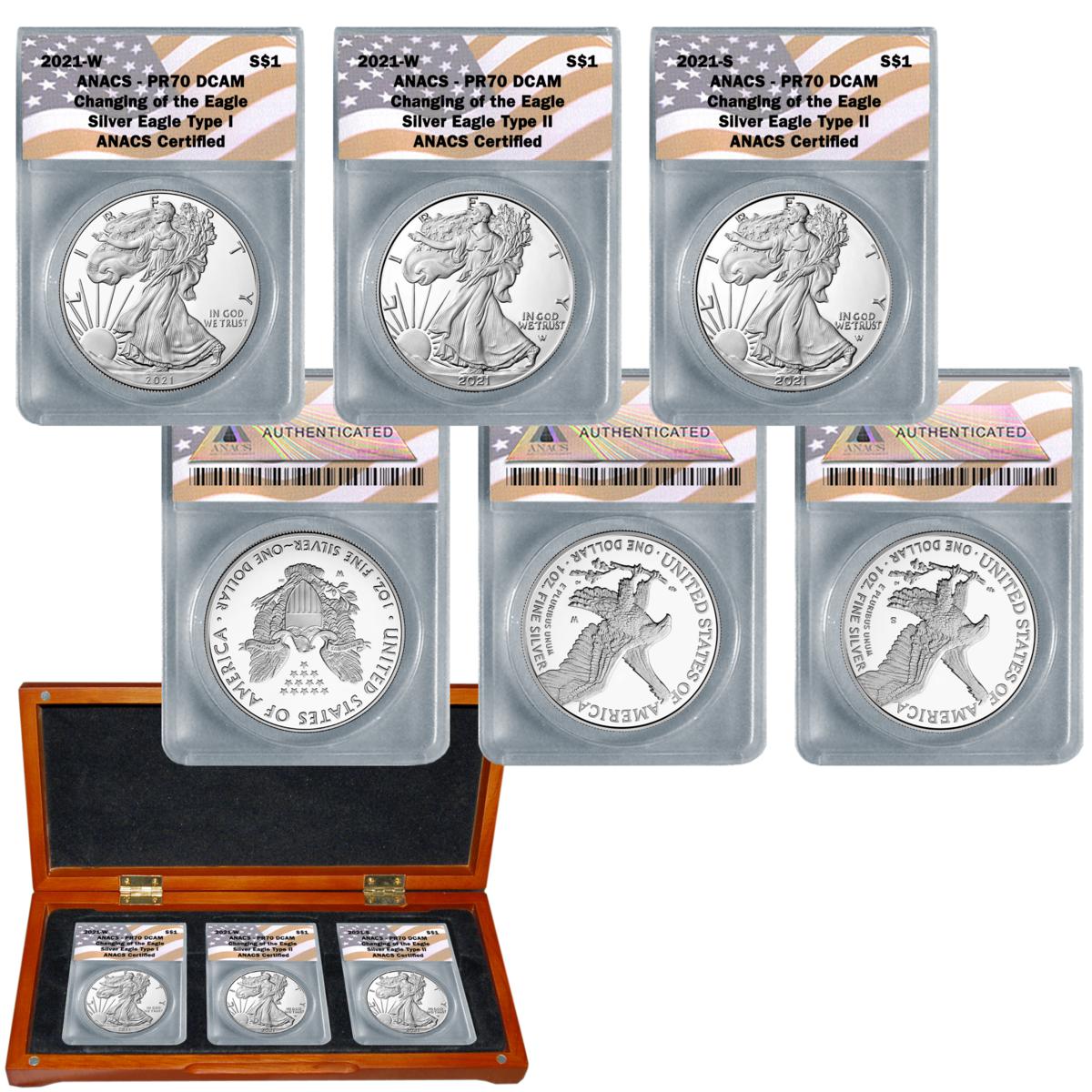 2021 ANACS PR70 Changing of the Eagle Type I & II 3-Coin Silver