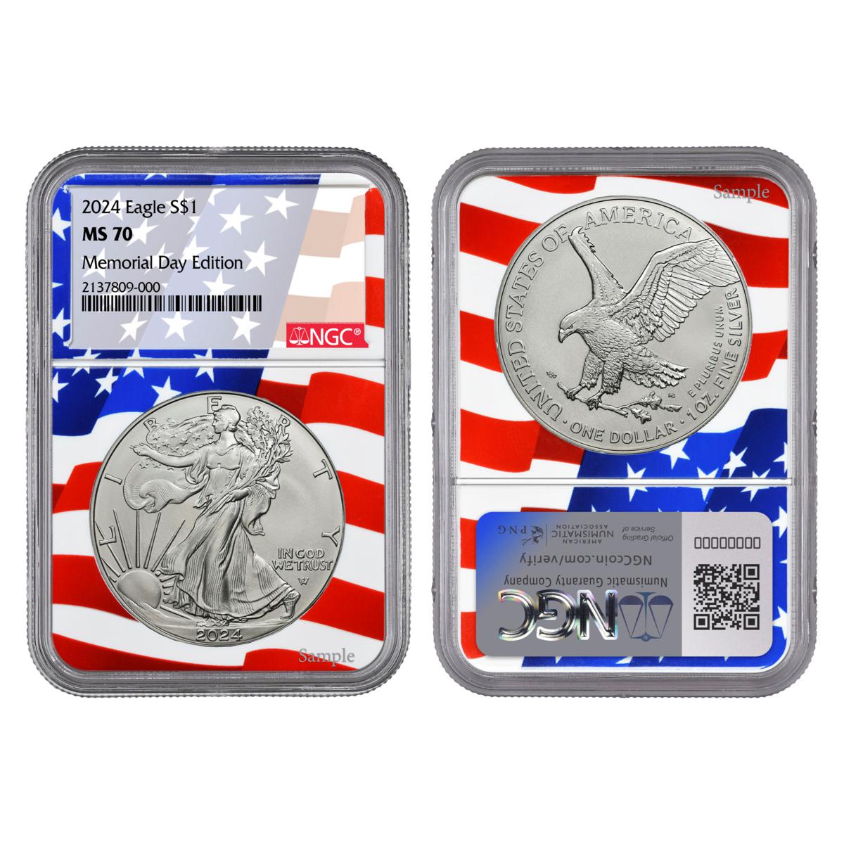 2024 MS70 NGC Memorial Day Edition Silver Eagle with Flag Core ...