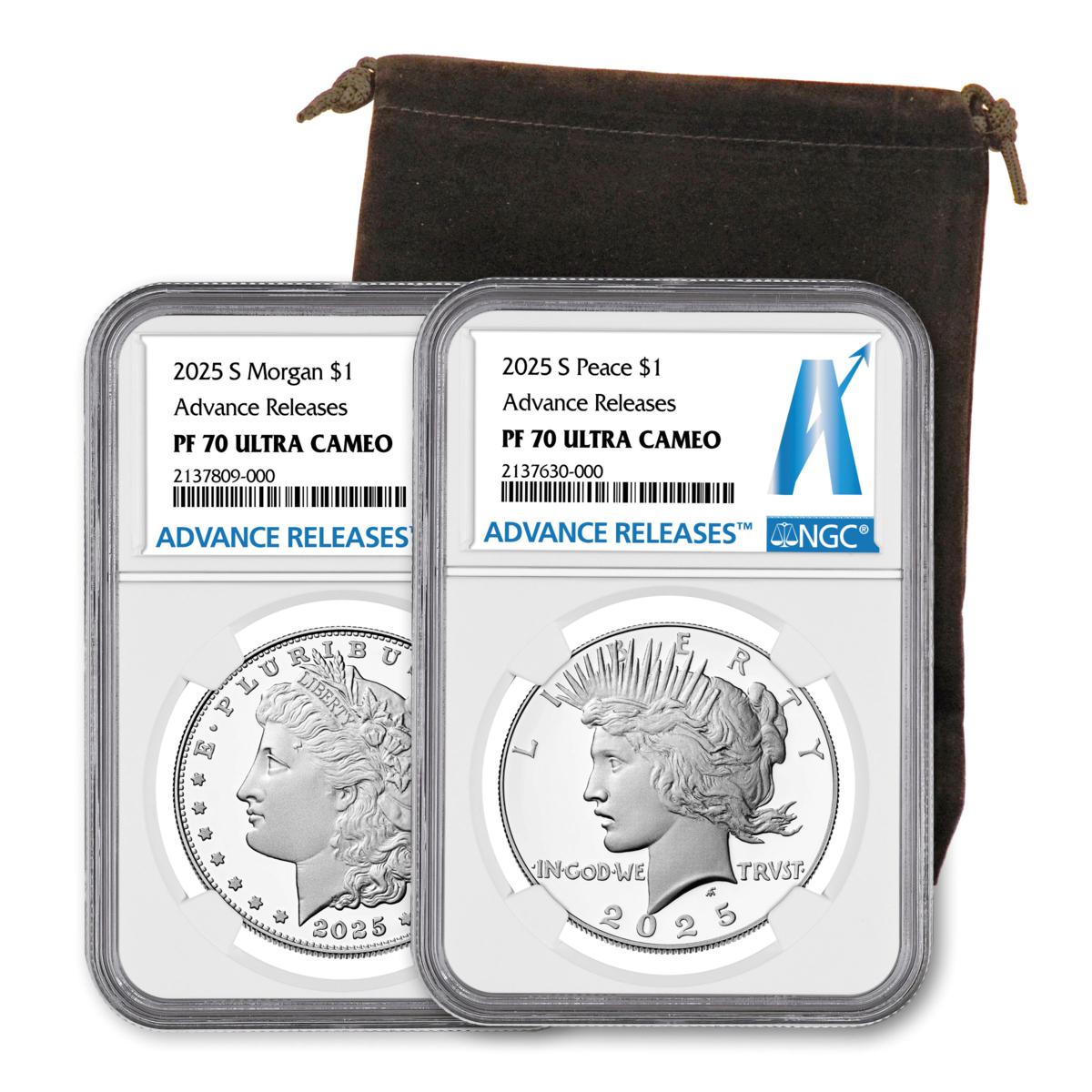thumbnail image 2 of Presale: 2025-S Proof Morgan & Peace Silver Dollar 2-Piece Set – NGC PF70UC, .999 Silver, U.S. Mint 2 of 5