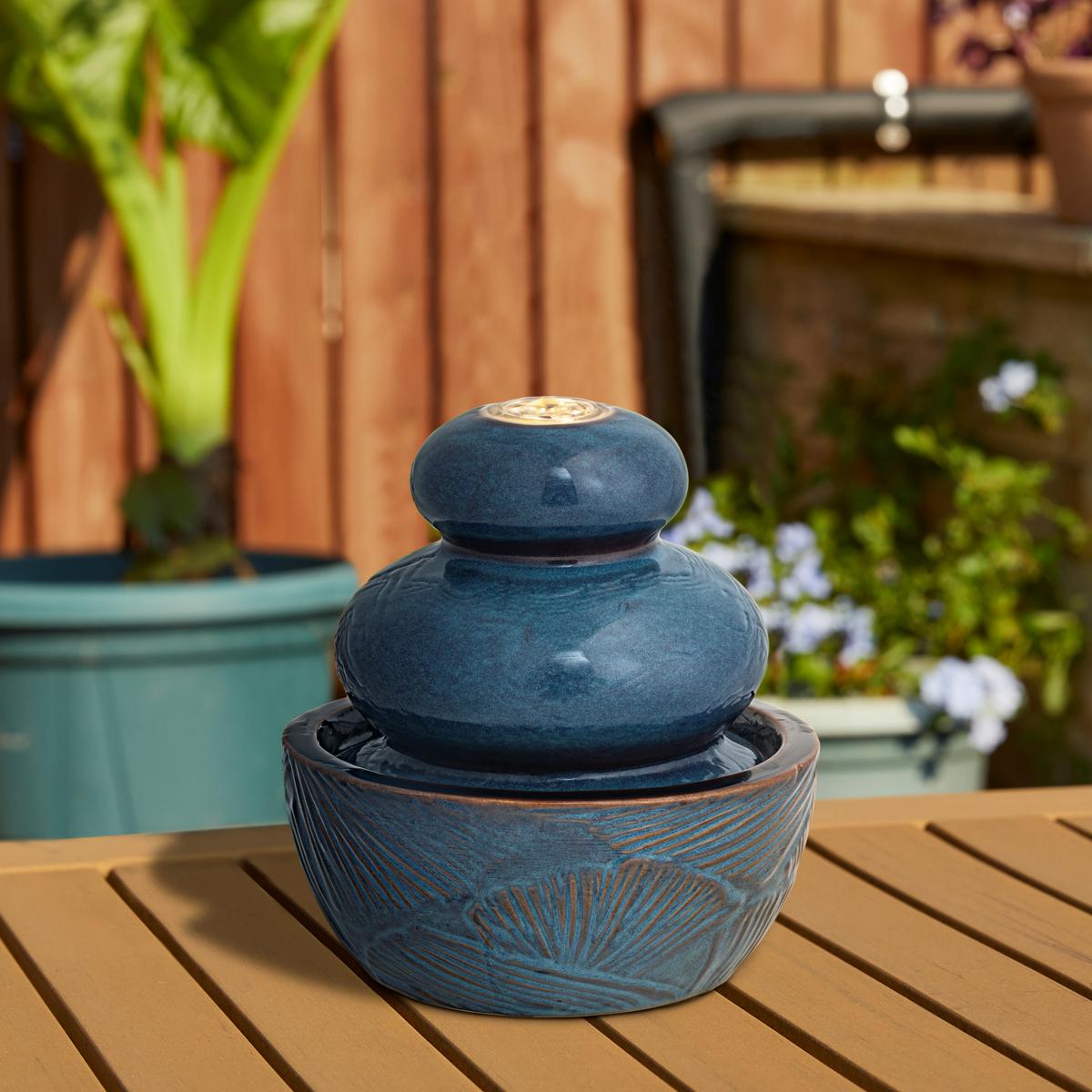 8.75''H Turquoise Leaf Ceramic Tabletop Fountain w/ Pump and LED
