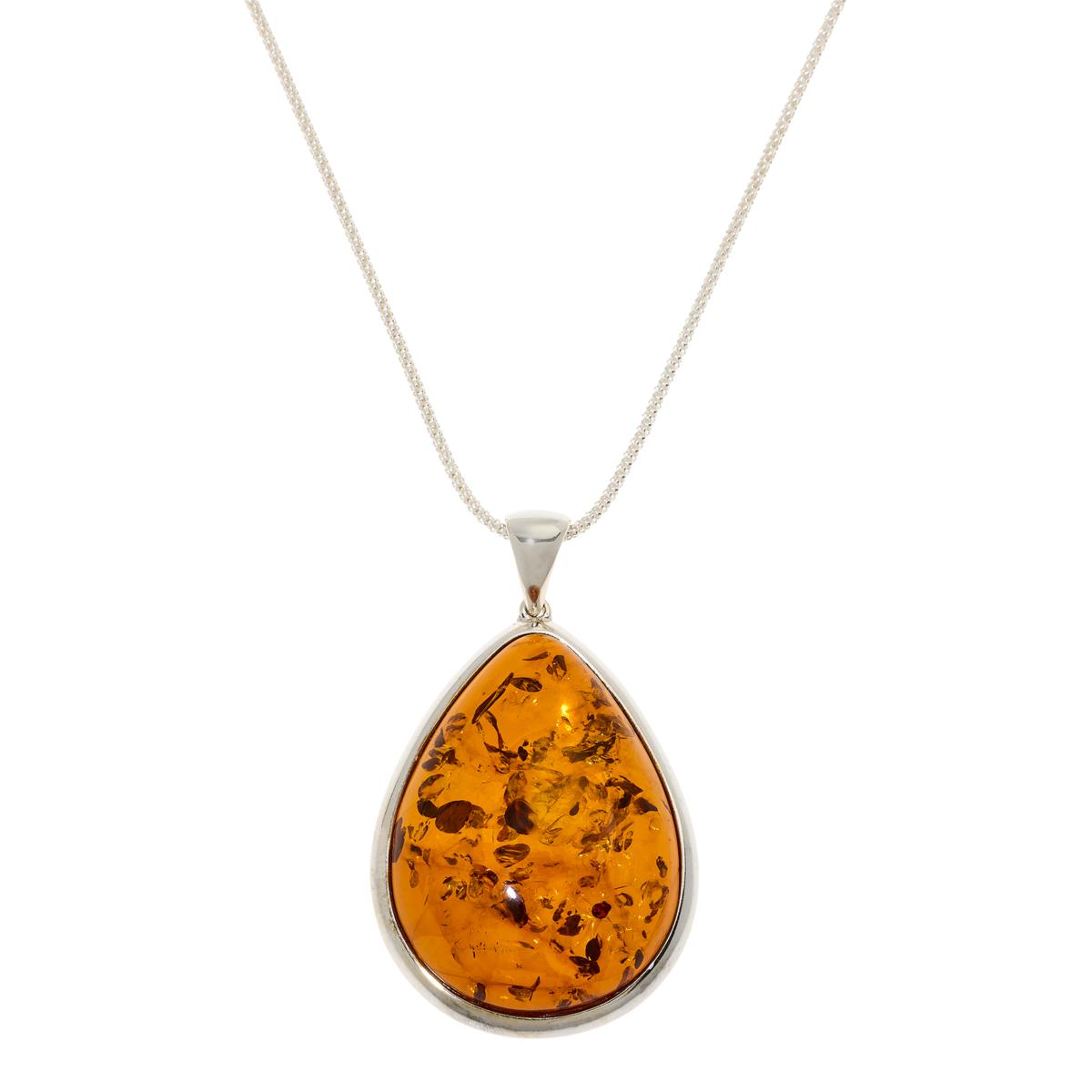 Amber Extraordinaire Sterling Silver Cognac Amber Pear-Shaped Pendant ...