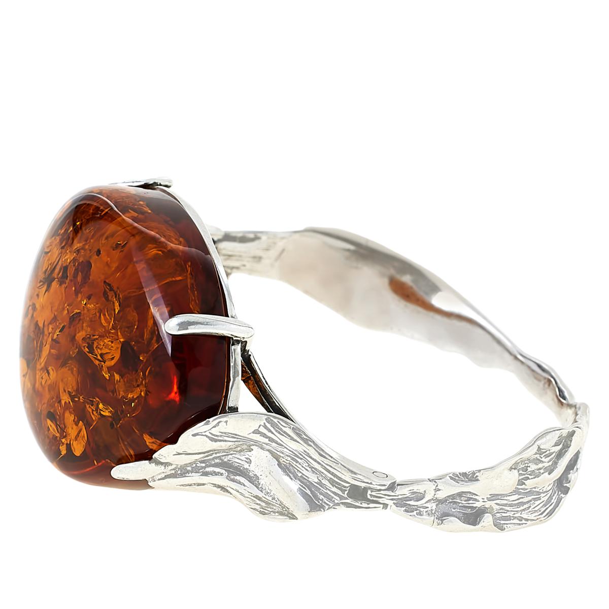 Sterling Silver Foliate Open Hinge Bangle, Natural 2024 Baitic Amber Bracelet, Vintage Jewelry