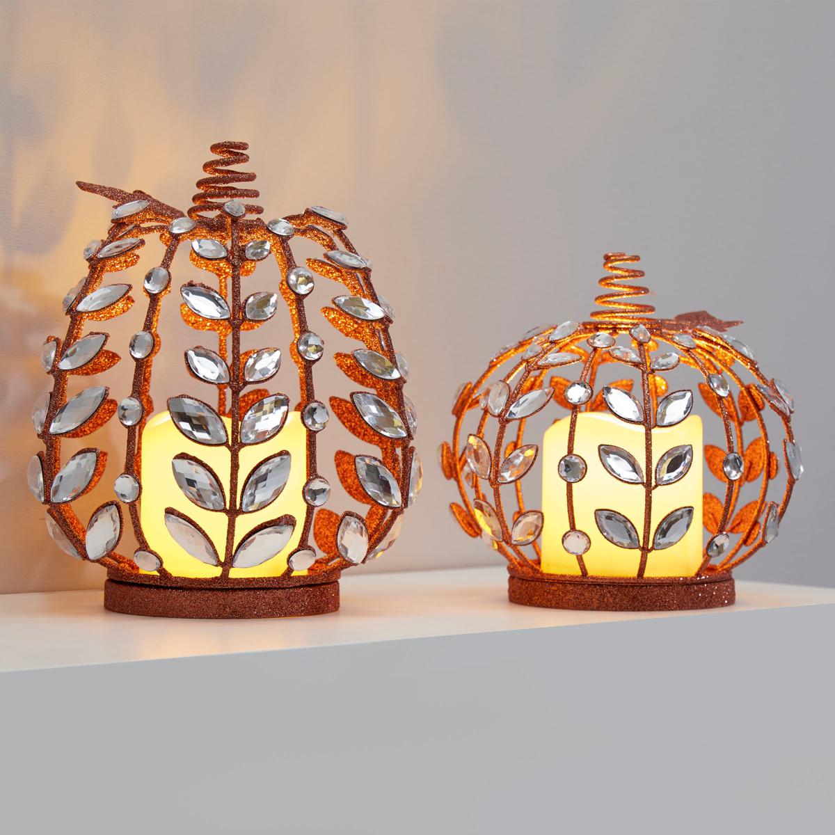 august & leo Set of 2 Jeweled Pumpkins w/Flameless Candles | HSN
