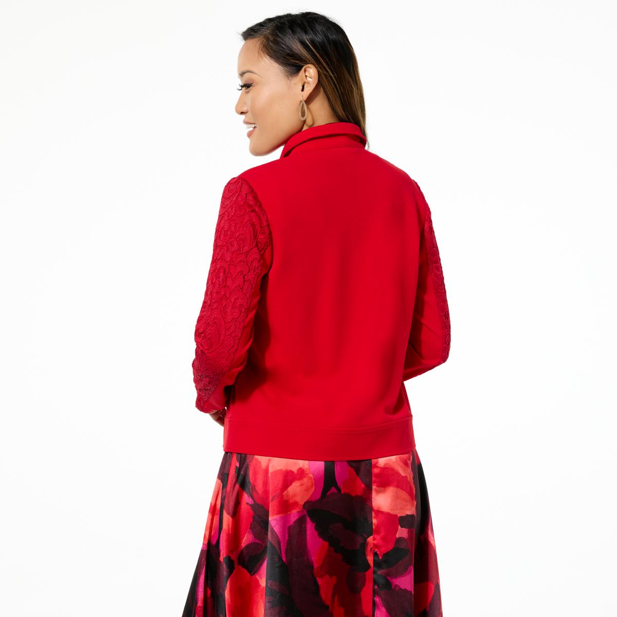 C Wonder by Christian Siriano Lace Sleeve Crepe Knit Moto Jacket | HSN