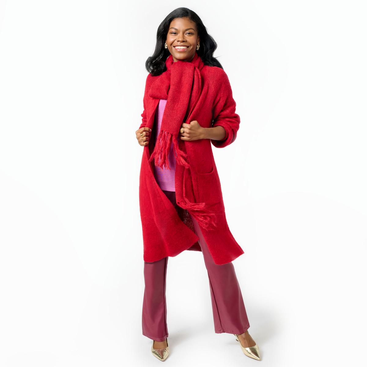 C Wonder Jacquard Knit Coatigan Topper with Scarf | HSN