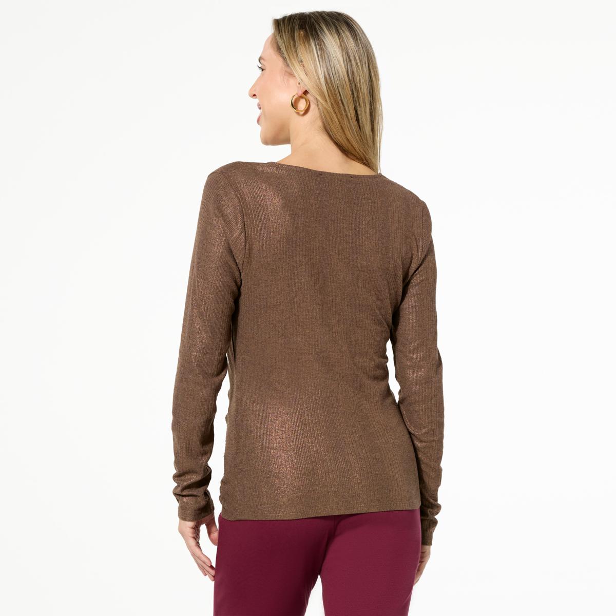 C Wonder Metallic Shirred Front Ribbed Knit Top | HSN