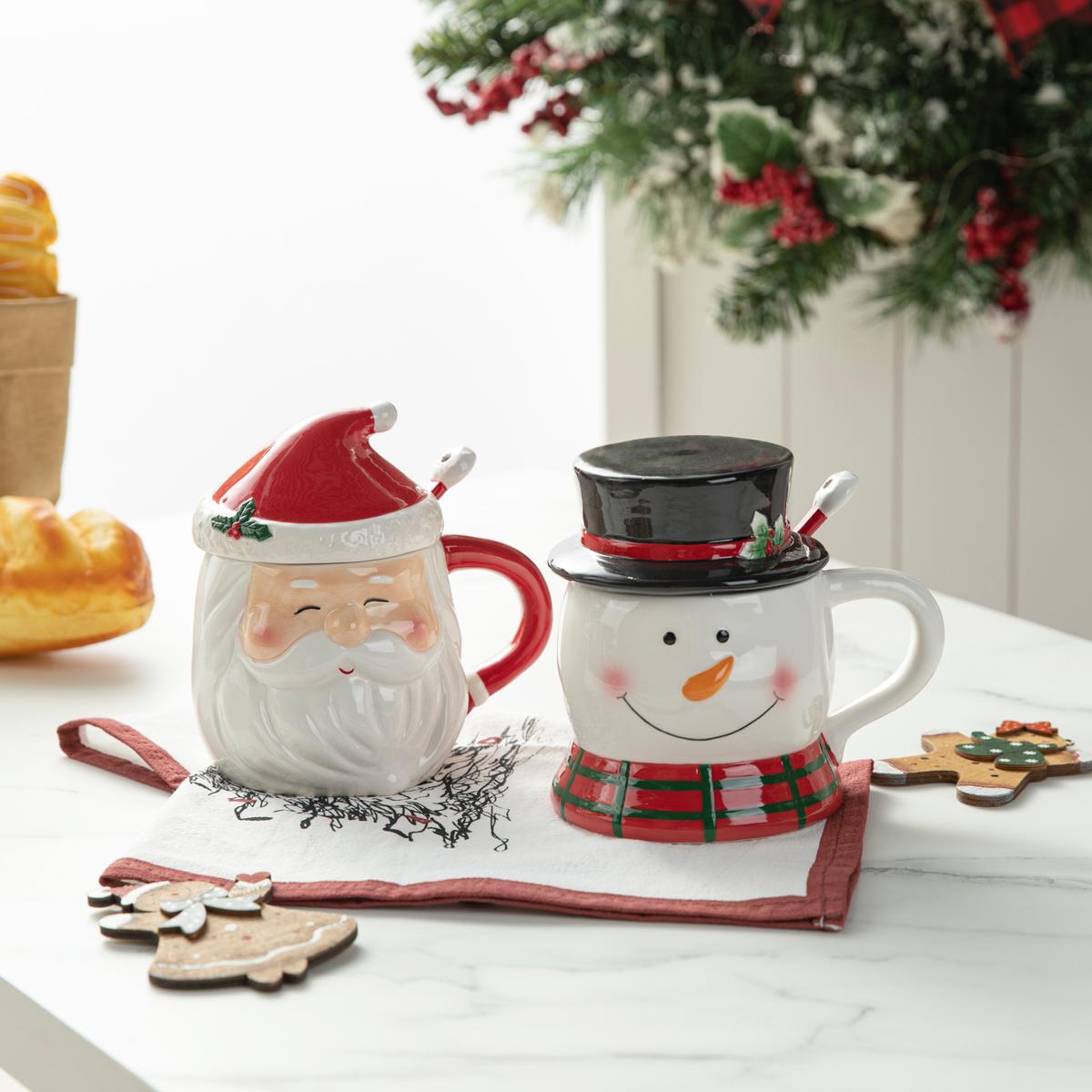 【100個セット】クリスマス サンタ＆スノーマン 陶器カップ 業務用 Christmas Ceramic Santa and Snowman Mug with Lid and Spoon - Set