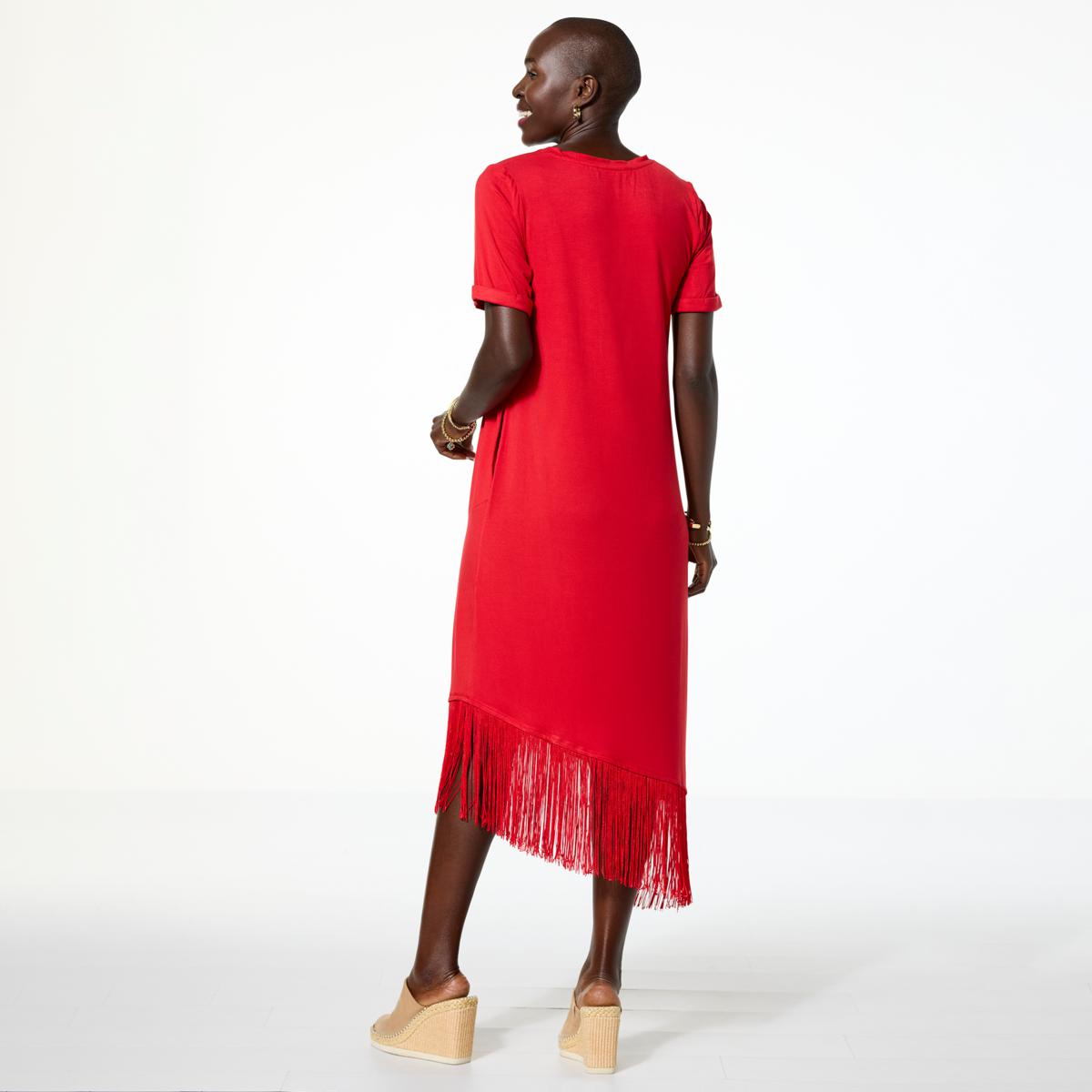 strapless open back dress Red Fringe Off-Shoulder Evening Midi Dress | Unique