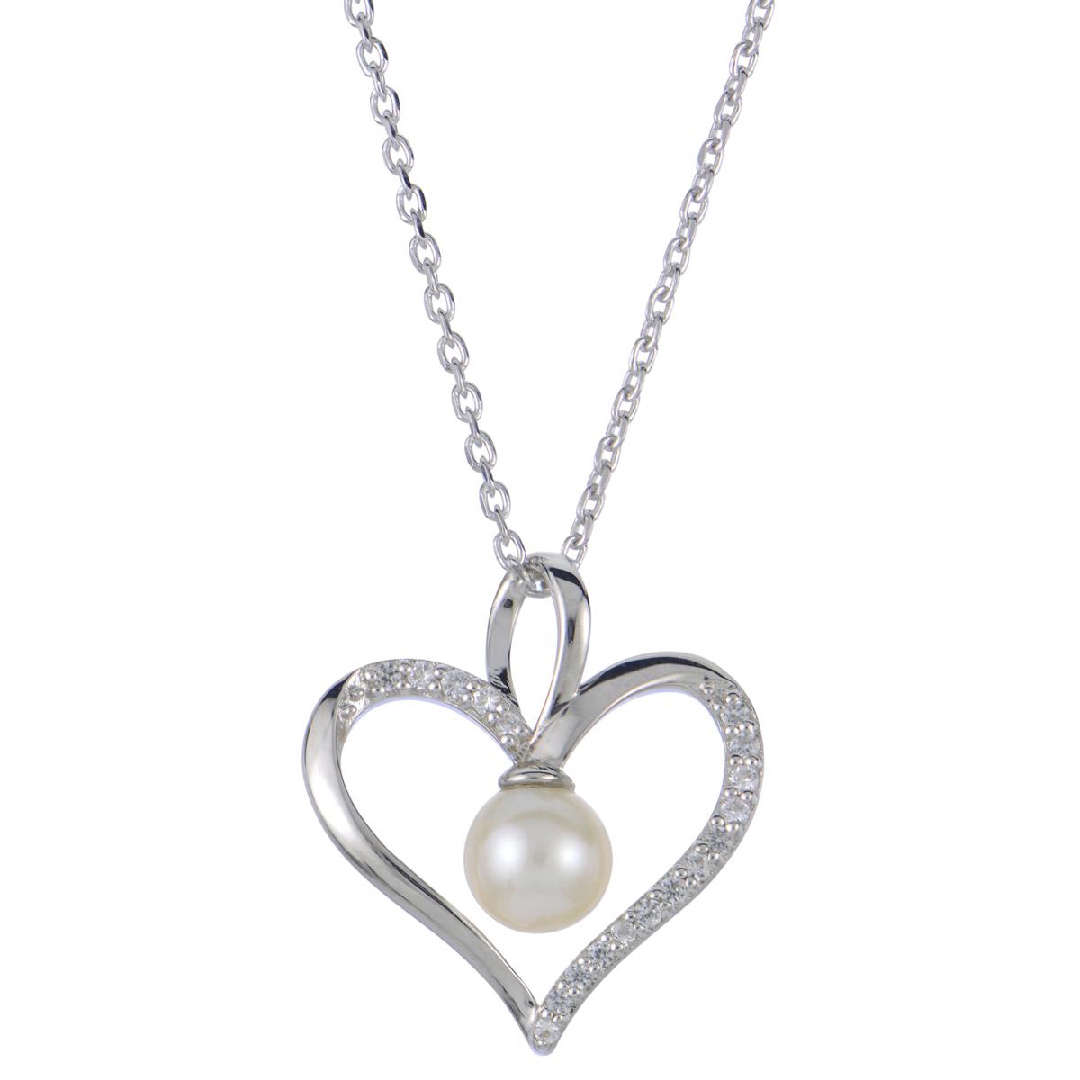 Cultured Freshwater Pearl and Created White Sapphire Heart Pendant ...