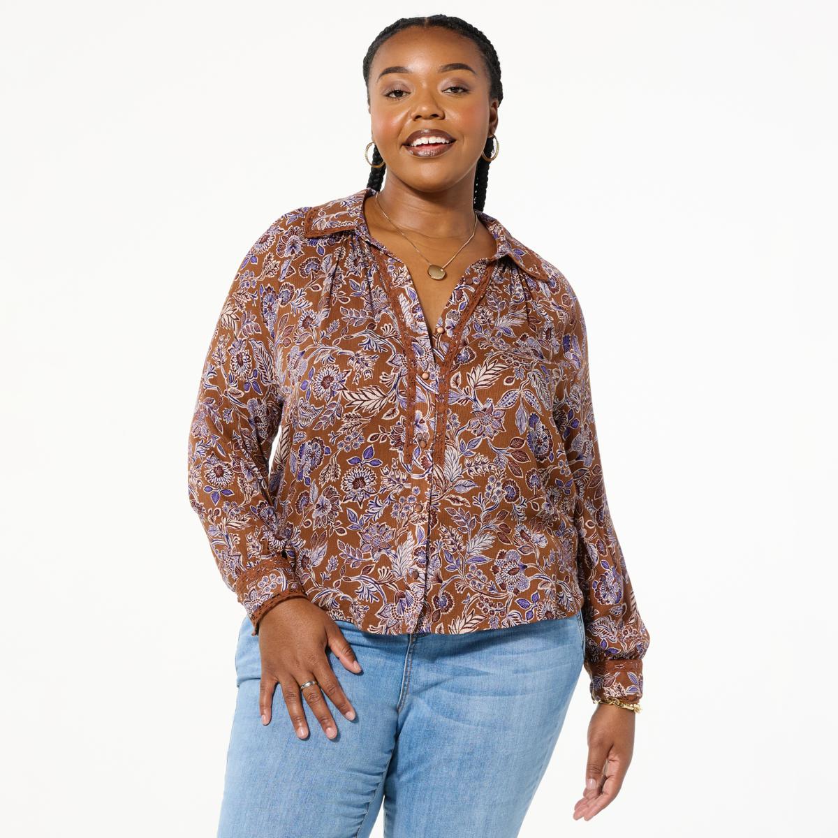 Democracy Button-Front Crochet Inset Shirt | HSN