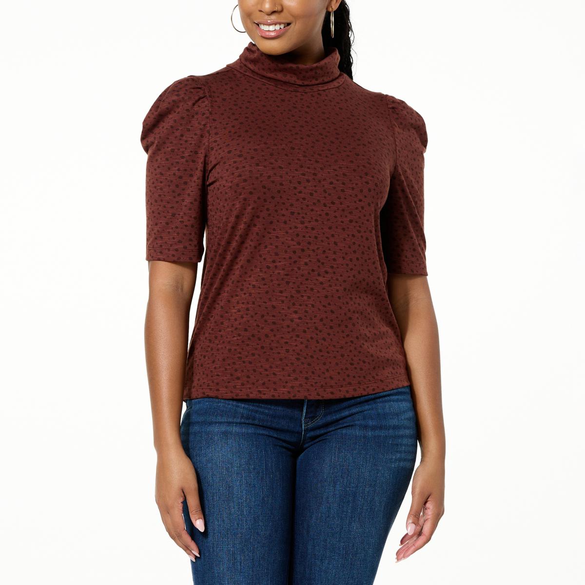 Democracy Printed Knit Puff-Sleeve Turtleneck Top - 20908250 | HSN