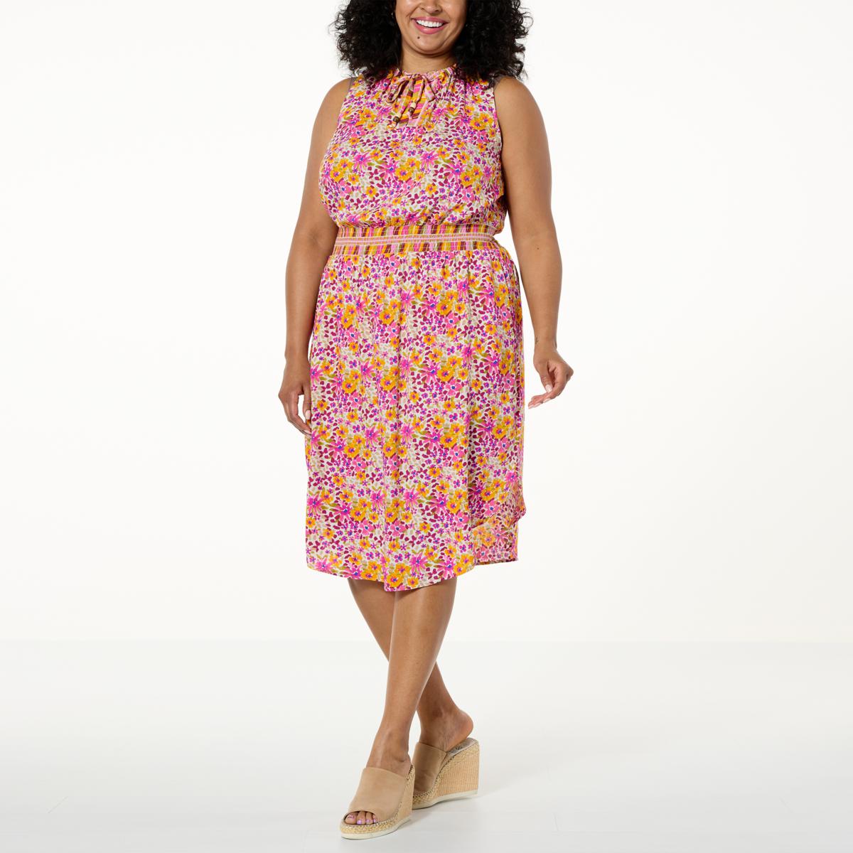 Democracy Smocked Waist Sleeveless Print Midi Dress - 20824615 | HSN