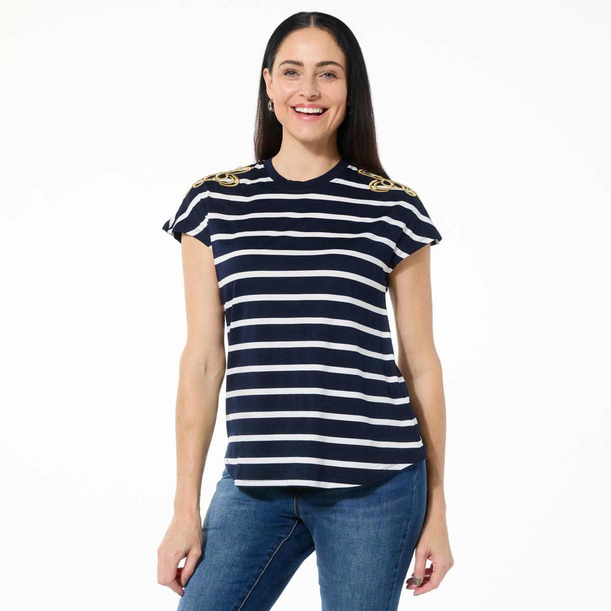 DG2 by Diane Gilman Embroidered Striped Knit Tee - 23498079