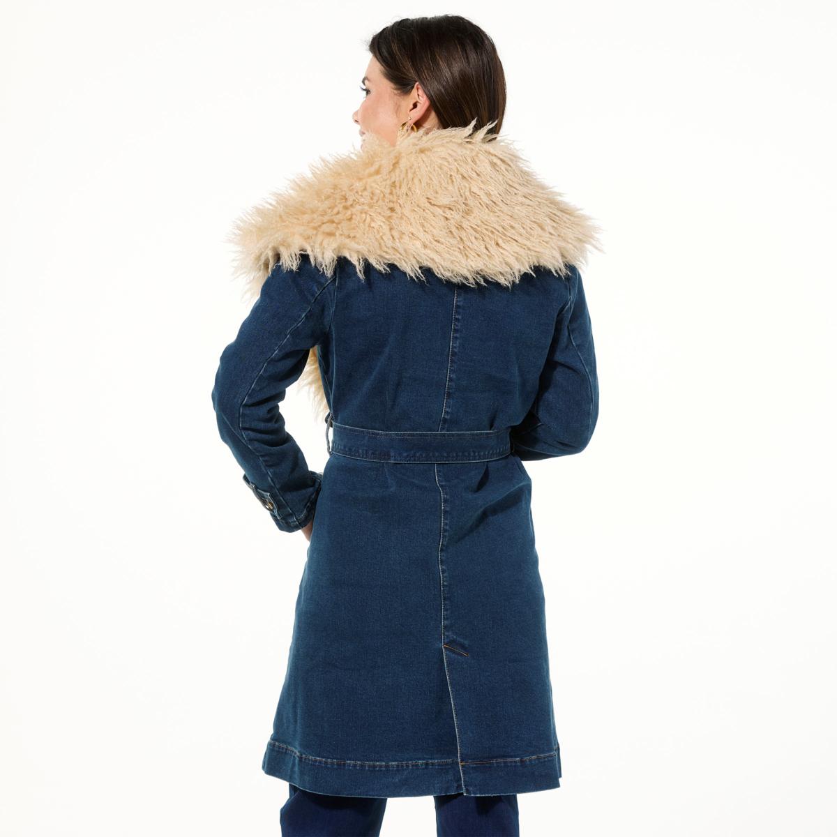 DG2 by Diane Gilman Faux Fur Trimmed Stretch Denim Trench Coat