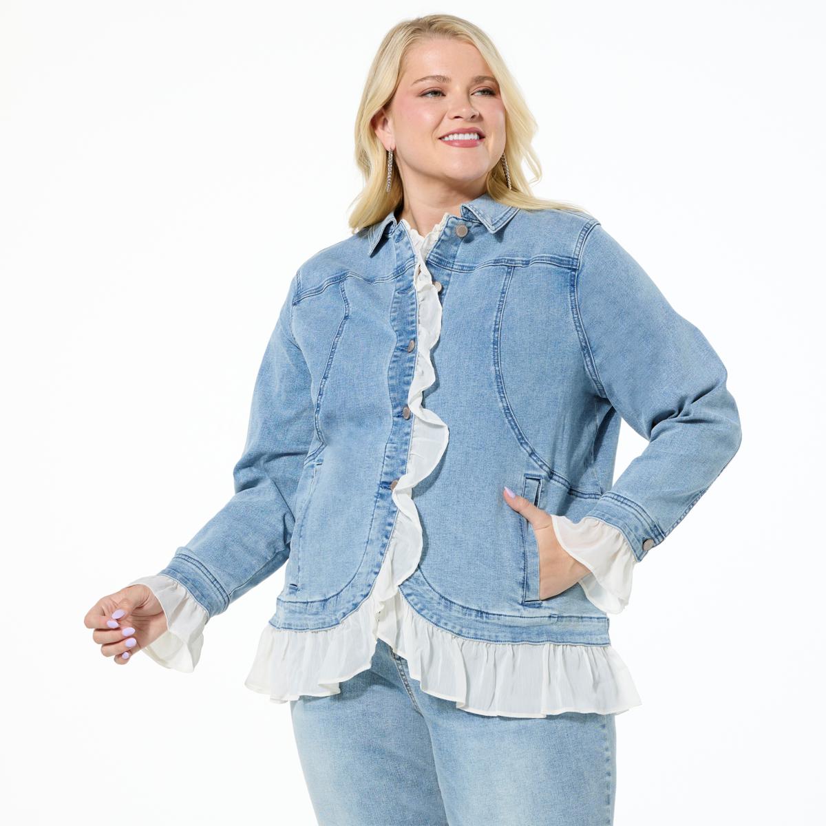 Veste Denim Stretch Diane Gilman DG2 Neuve - Imprimé Palmier Tropical, Taille XS, Blanc