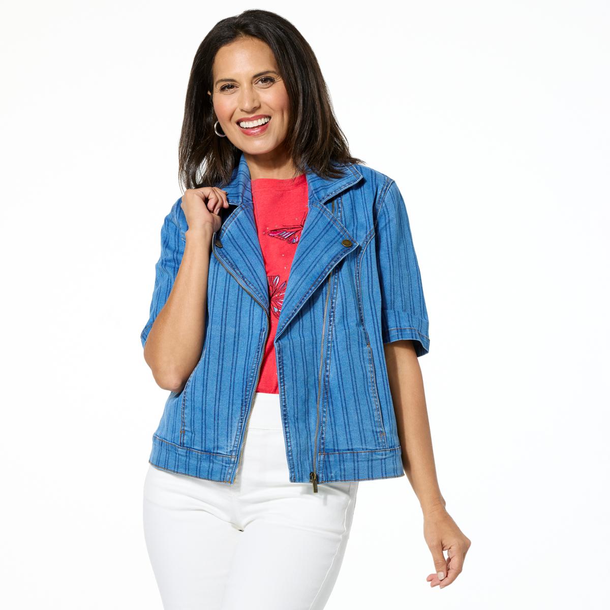 DG2 by Diane Gilman New Classic Stretch Denim Elbow Sleeve Moto Jacket
