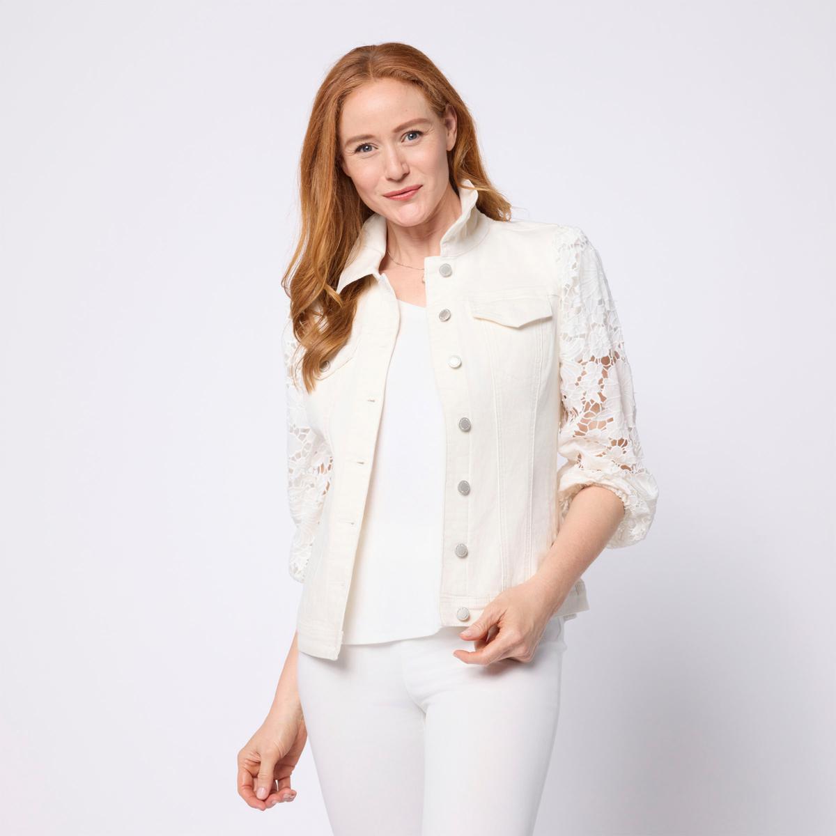 DG2 by Diane Gilman Stretch Lace Sleeve Classic Denim Jacket | HSN DG2 by Diane Gilman Stretch Lace Sleeve Classic Denim Jacket | HSN