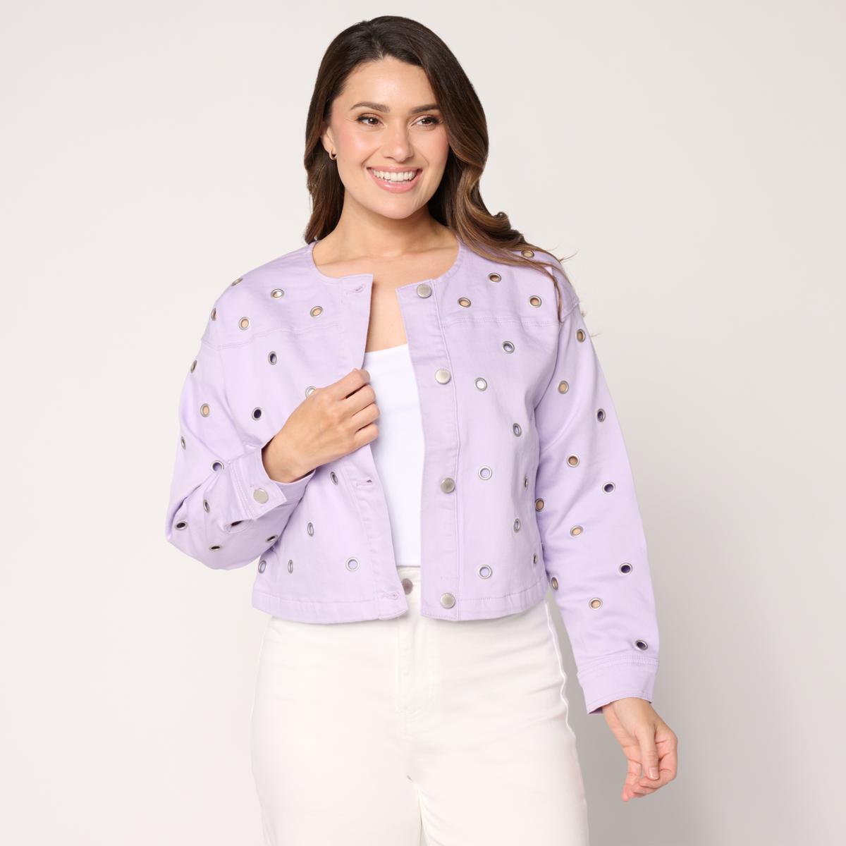 Elle Get the Look Washed Denim Grommet Jacket | HSN