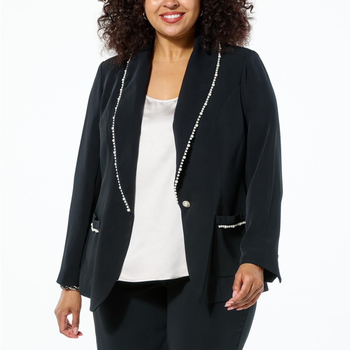 G by Giuliana Black Label Crepe Blazer with Faux Pearl Trim