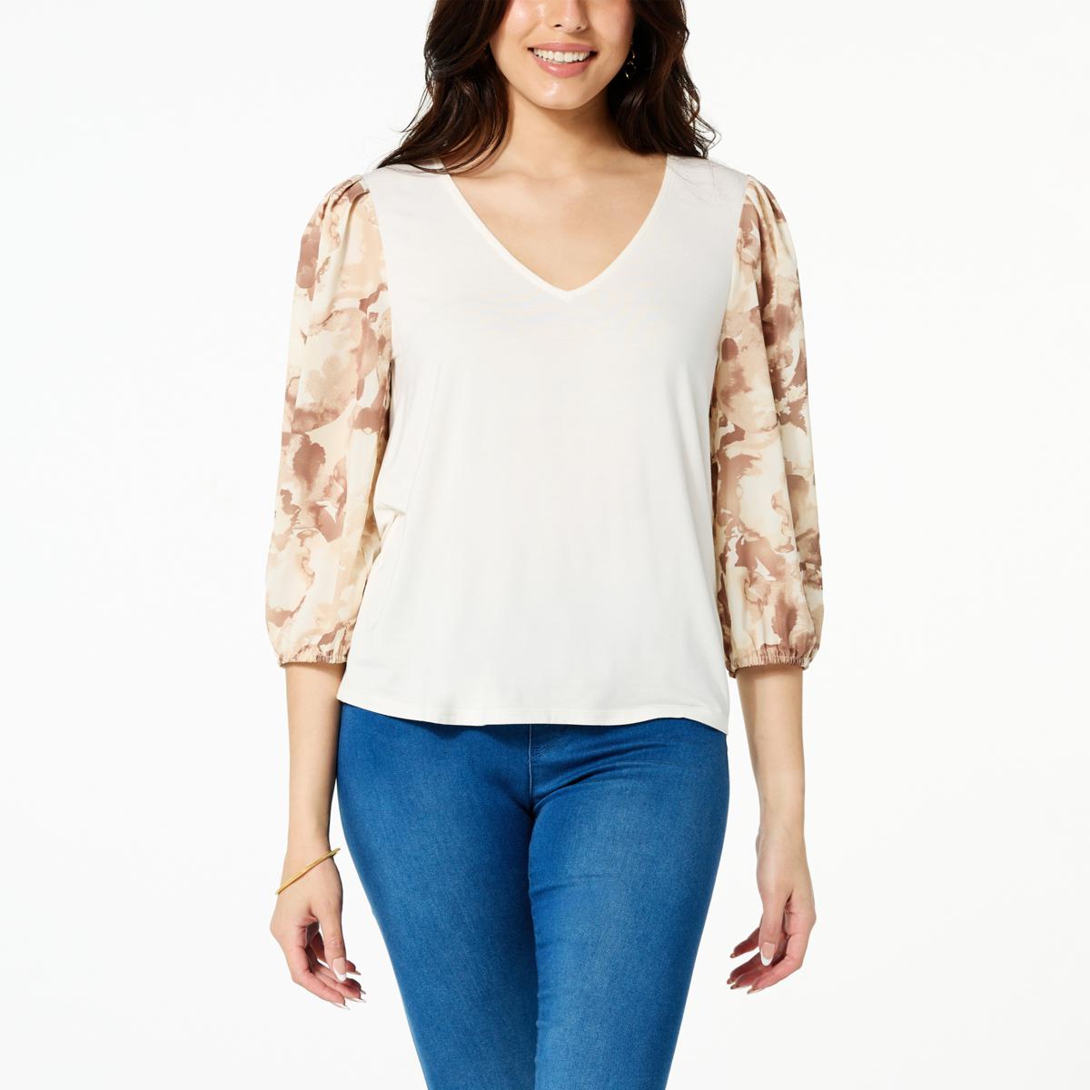 G by Giuliana Printed Chiffon Puff-Sleeve Hacci Knit Top