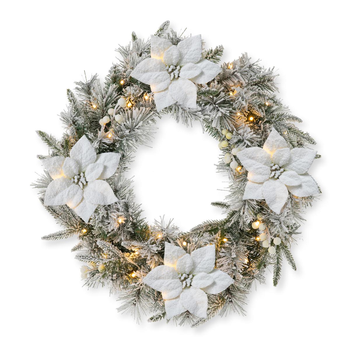 Glitzhome 24" D LED Flocked Greenery Pine Poinsettia Christmas Wreath ...