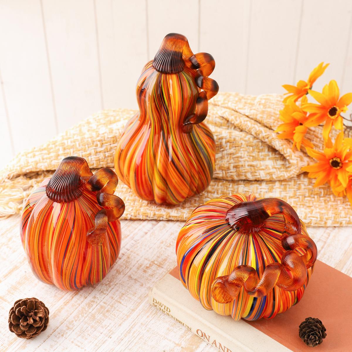 Glitzhome Set of 3 Multi Striped Glass Pumpkin and Gourd