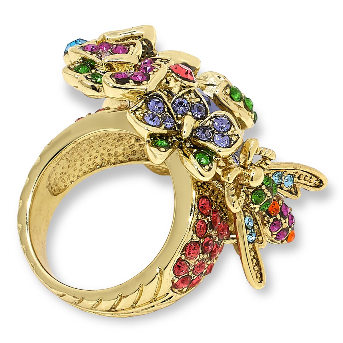 Bague Signée Heidi Daus - Motif Starburst Avec Perle Et Turquoise - Cristaux Multicolores - Neuf