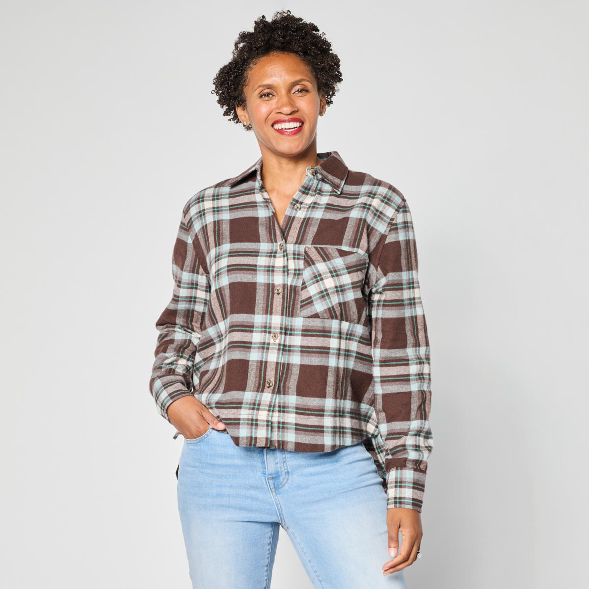 HUE Plaid Flannel Button-Down Hi-Low Hem Shirt 23531630 HSN