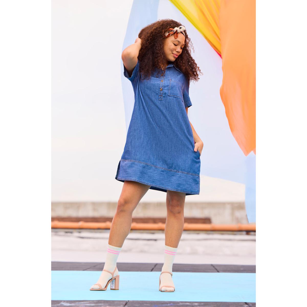 knee length dresses for ladies V-NECK SHORT SLEEVE DENIM MINI DRESS