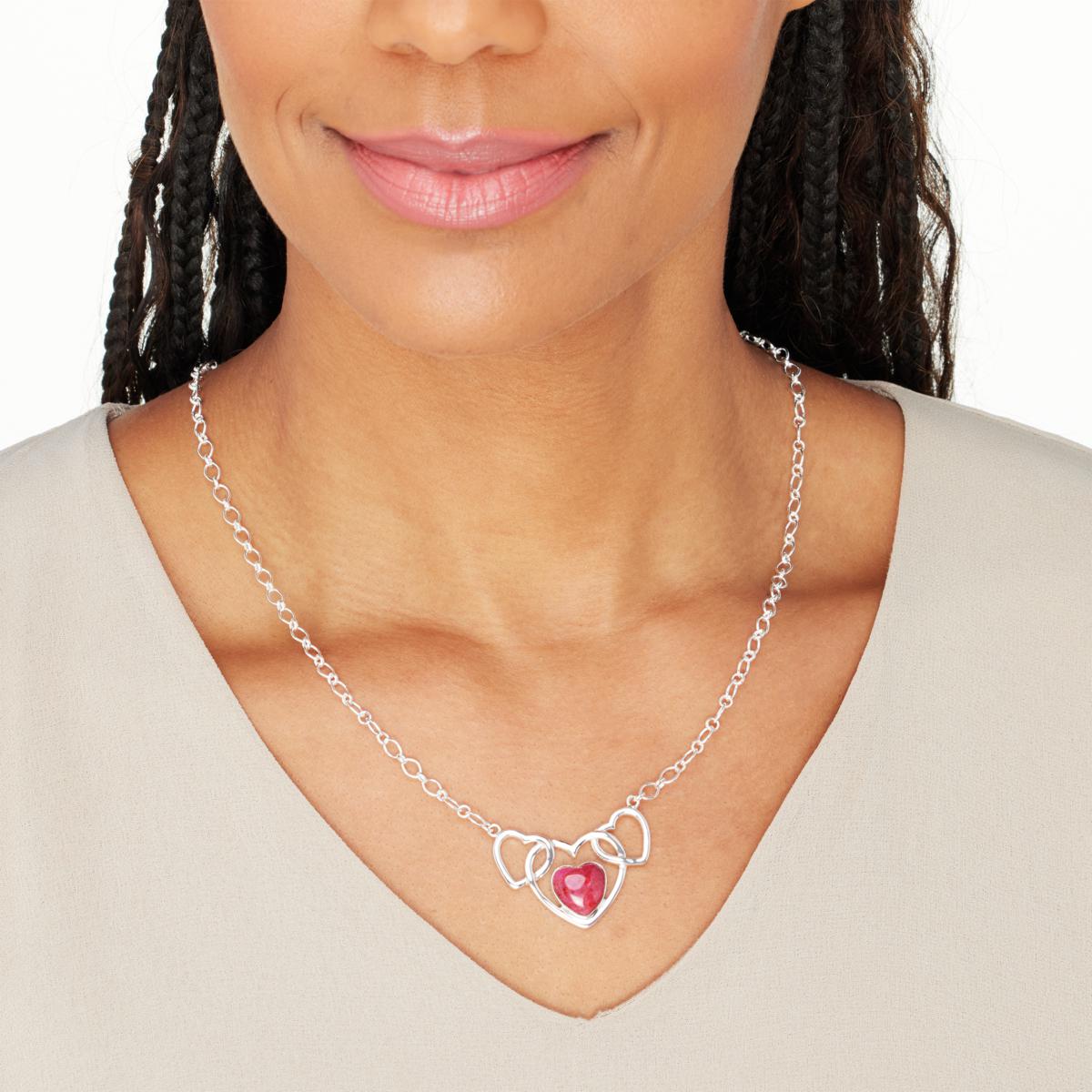 Jay King Sterling Silver Magenta Coral Triple Hearts Chain Necklace