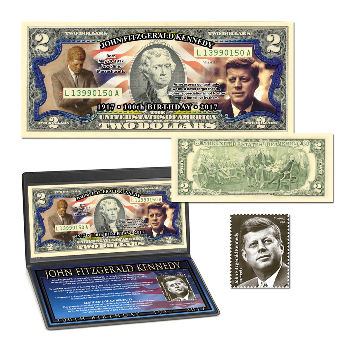 John F. Kennedy (JFK) 100th Anniversary Colorized 2 Bill and Postage