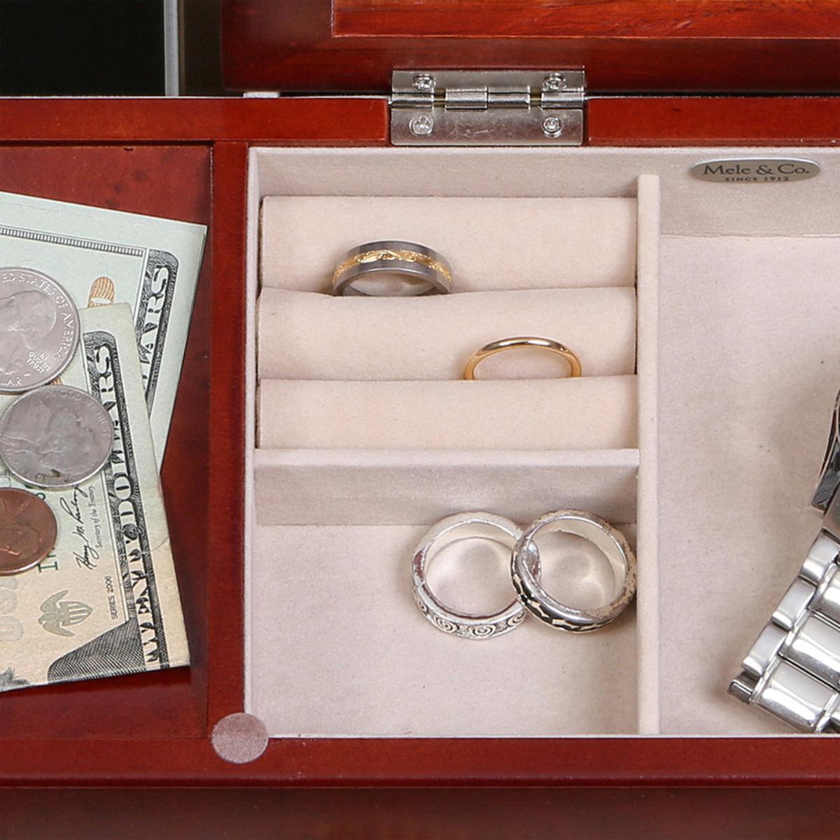 Sleek, Rich Mahogany Colored Dresser Top Valet with Watch Storage and Ring  Rolls