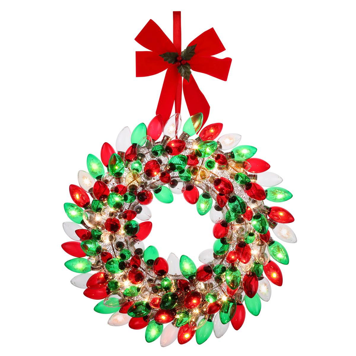 Christmas bulbs, Christmas lights, store christmas wreath, christmas decor, red green wreath