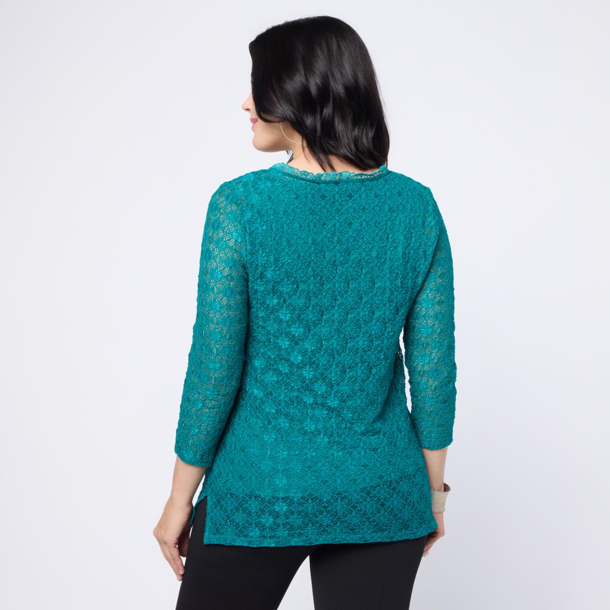 Nina Leonard 3/4-Sleeve Stretch Lace Top with Tank | HSN