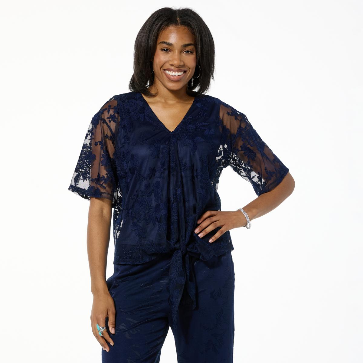 kyonncyann様 Nina Leonard Embroidered Mesh Tie Front Kimono Top