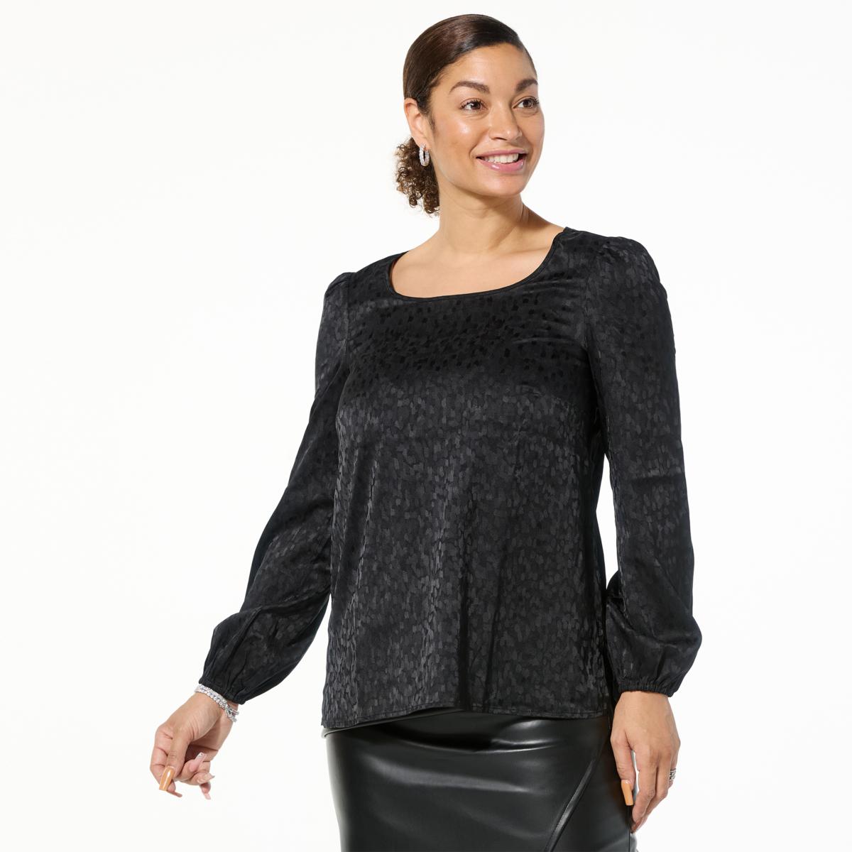 Nina Leonard Long Sleeve Scoop-Neck Charmeuse Top | HSN