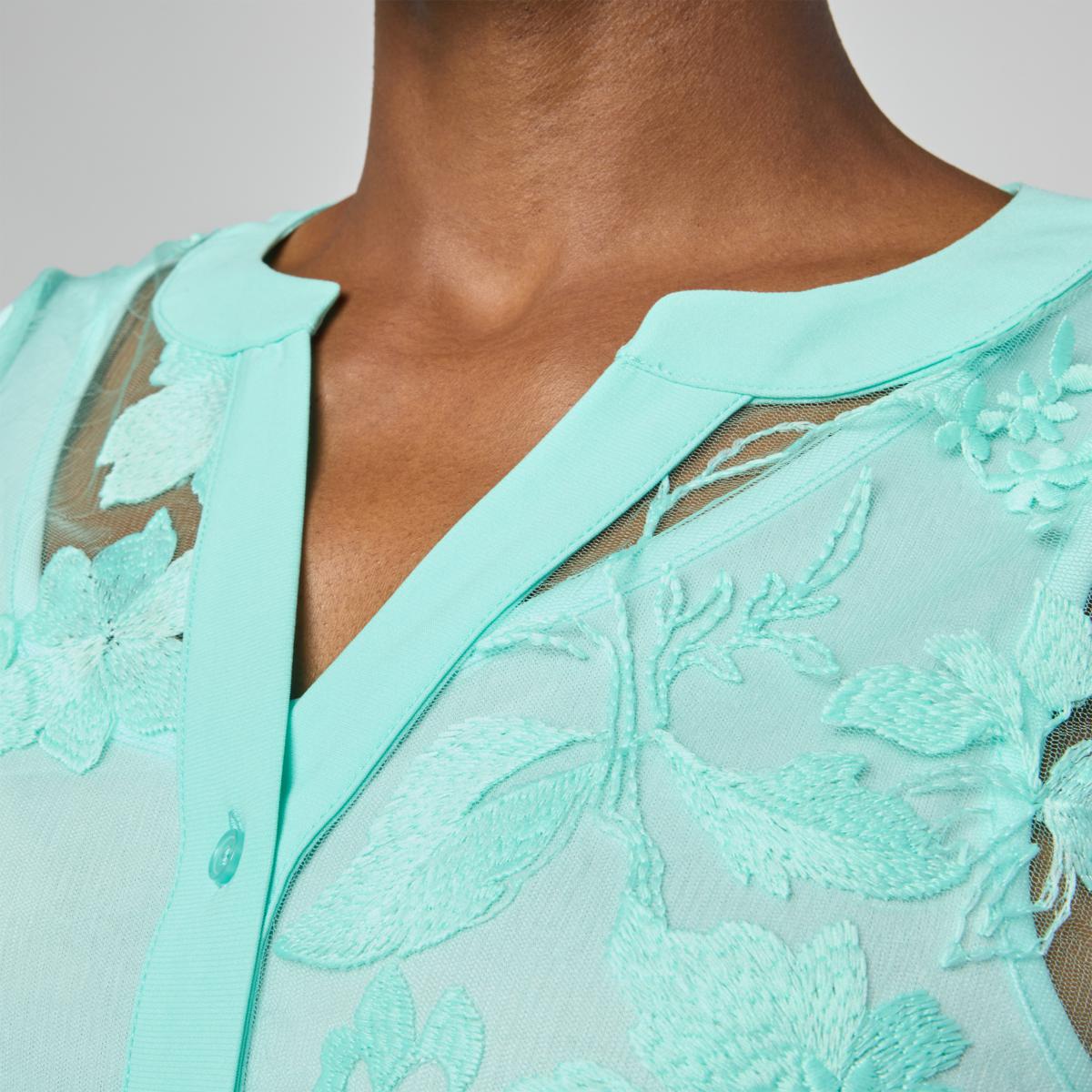 Nina Leonard Novelty Embroidered Mesh Button-Down Top
