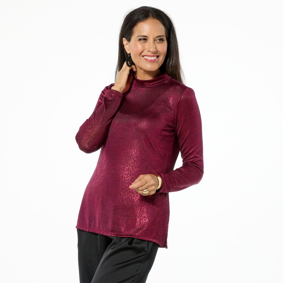 Nina Leonard Novelty Foil Knit Mock-Neck Top - 23261149 | HSN
