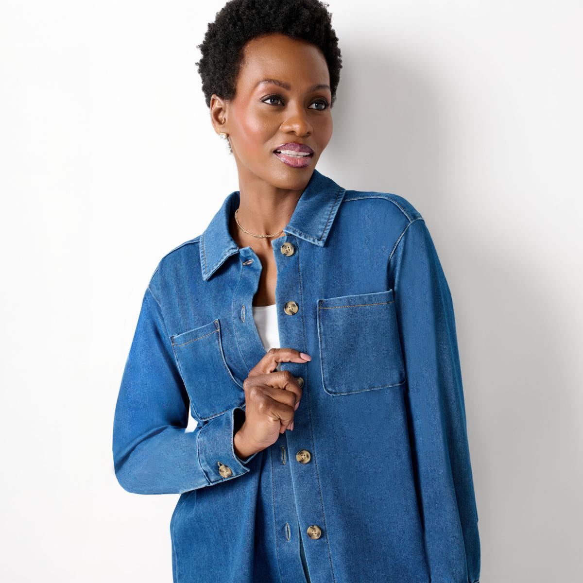 Nina Leonard Stretch Knit Denim Collared Shirt | HSN