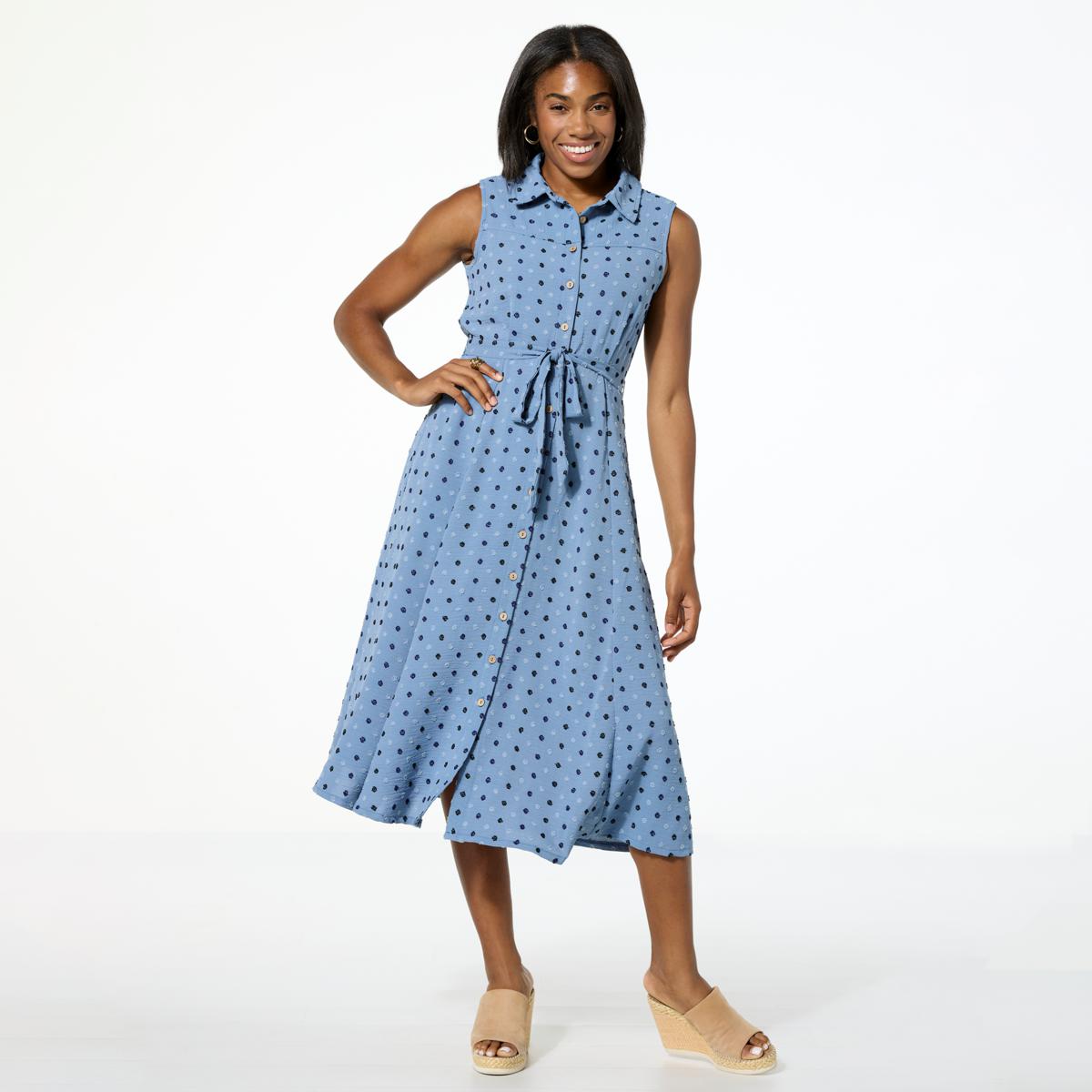knee length dresses for ladies Swiss Dot Frill Trim Flounce Sleeve Midi Dress main image 1