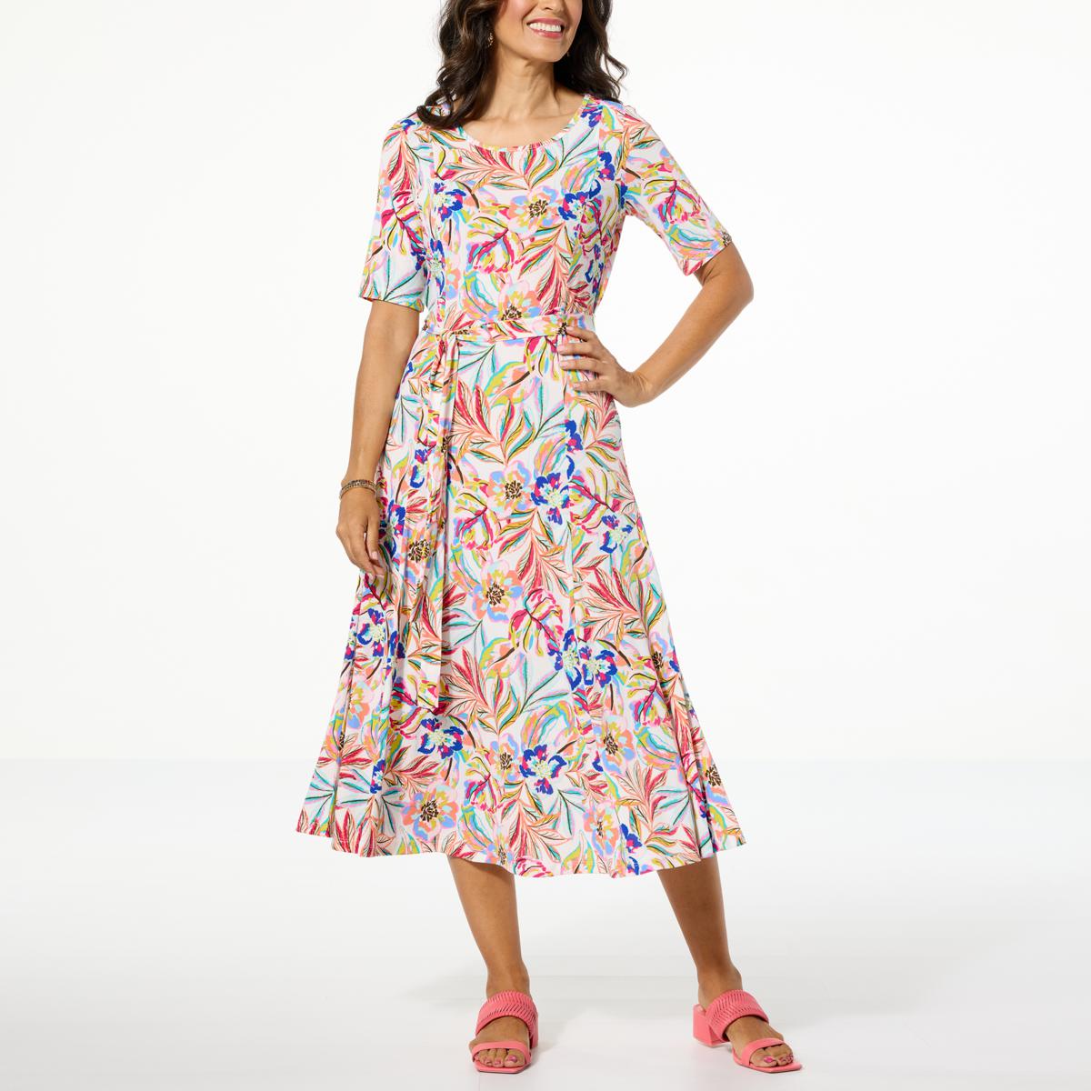 Nina Leonard Sylvia Printed Elbow Sleeve Midi Dress - 22658011 | HSN