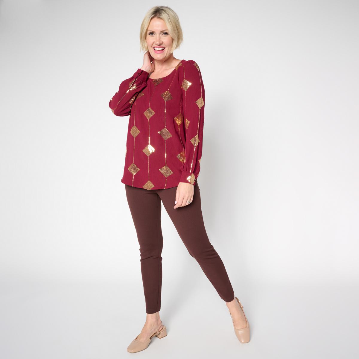 Nina Leonard Textured Wave Sequined Balloon Sleeve Top