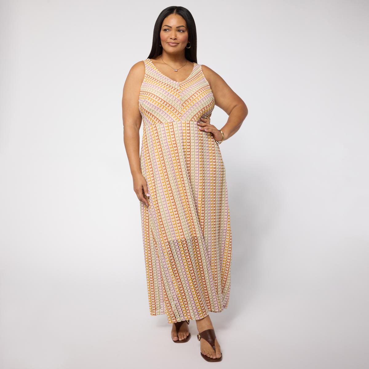 Nina Leonard V-Neck Sleeveless Novelty Knit Maxi Dress - Brown - Size Large